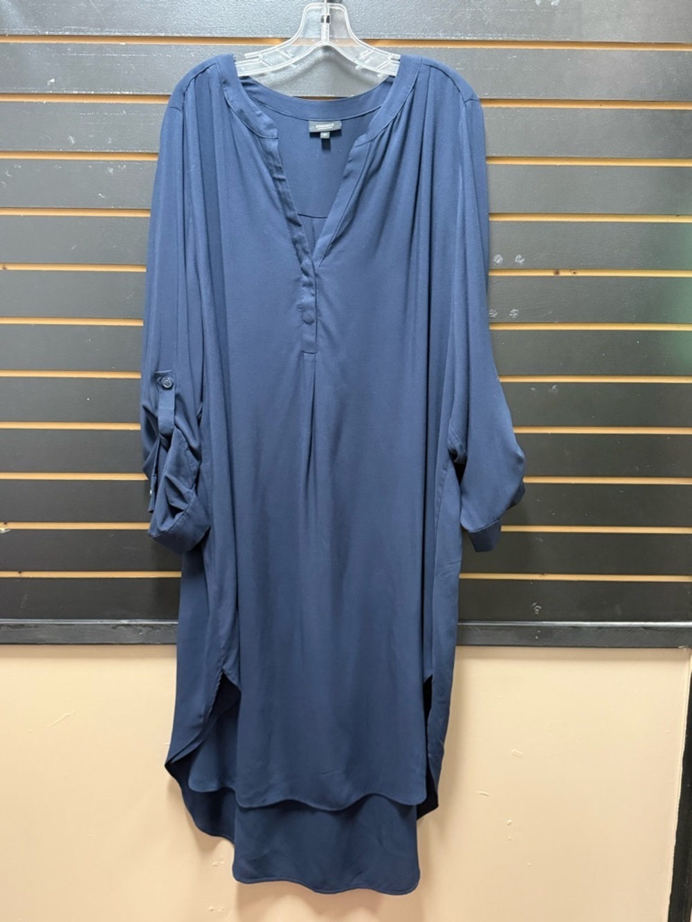 Jones & Co Navy Blue Midi Dress Roll Tab Sleeve Relaxed Fit 2X